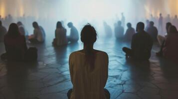 A person sitting in a quiet corner of a crowded room trying to hide their discomfort and longing to fit in with their cultural peers photo