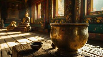 The temples walls seem to reverberate with the powerful sound of the singing bowl, creating a magical atmosphere. photo