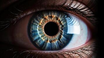 A magnified view of a human eye, highlighting the role of the illusory truth effect in making people more likely to believe in a conspiracy theory the more they hear about it. photo