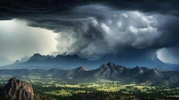 A dramatic display of natures might unfolds as a fierce thunderstorm engulfs the mountain range in a tumultuous clash. photo
