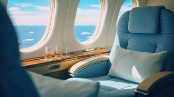 Flying above the endless blue sea while indulging in the plush seating of a private jet, truly a oneofakind experience. photo
