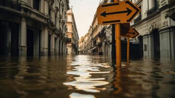In the depths of the flooded streets, the ly visible street signs serve as a strange and surreal navigational guide. photo