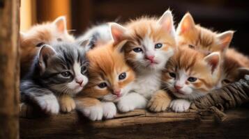 A contented litter of kittens snuggled up together in a cozy corner of a barn, their tiny bodies rising and falling with each deep breath. photo