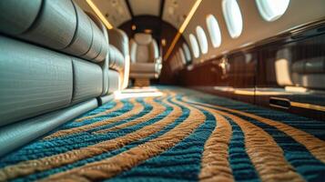 As you step onto this private jet, your eyes are immediately drawn to the elaborate custom carpet design beneath your feet. The intricate pattern resembles a flowing river, mirroring the photo
