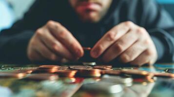 A person with a gambling addiction counting their last few coins with a look of desperation on their face photo
