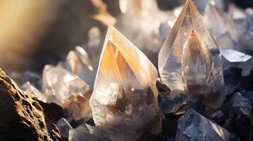 A tranquil moment frozen in time, as smoky quartz crystals glisten in the midst of a hazy fog. photo