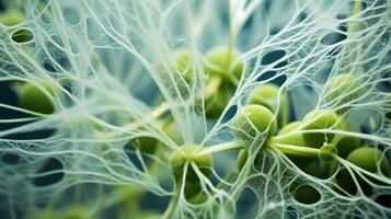An electron microscope image revealing the intricate network of endophytic bacteria within the leaves of a plant. The bacteria can be seen surrounding the cells and even entering through photo
