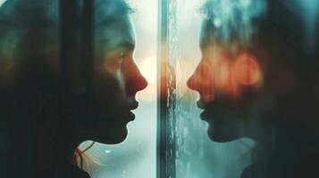 A portrait of a person standing in front of a mirror their reflection blurred to symbolize the often confusing and vulnerable process of selfdiscovery photo