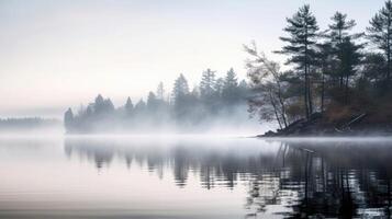 Foggy Reflections The calm waters of a lake reflecting hazy fog, creating a dreamy image. photo