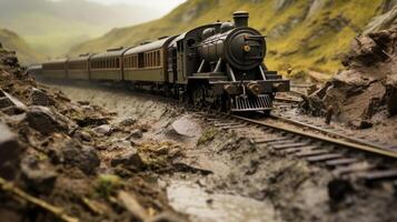As heavy rain pours down, the ground gives way, creating a treacherous mudslide that barrels down the slope, leaving destruction in its wake. photo