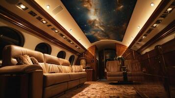 Take in the quiet beauty of the night sky through the panoramic windows of this private jet, elevated by the handcrafted ceiling panels depicting a ling constellation scene. photo