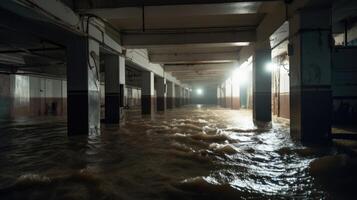 The ceiling unable to hold back the deluge of water, causing it to drip steadily onto the floor below. photo