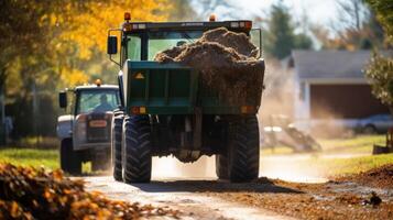 A tractor pulling a trailer overflowing with farm waste, headed towards a designated composting area where it will be transformed into nutrientrich fertilizer on a large scale. photo