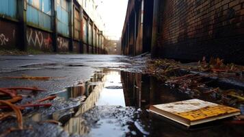A waterlogged journal, its words now blurred and unreadable, left behind in a desolate alleyway. photo
