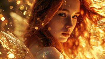 A portrait of a woman with long red hair and gossamerlike wings, her gaze serene as she is surrounded by a golden aura of flickering, celestial sparks. photo