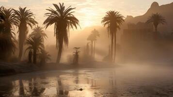 Mysterious Oasis A sudden fog envelops the desert, revealing hidden oases and adding an air of mystery. photo