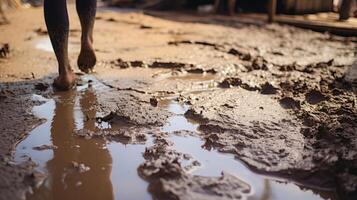 A closeup of muddy footprints in a flooded home highlights the harsh reality faced by many communities as they struggle to rebuild their lives in the aftermath of a natural disaster. photo