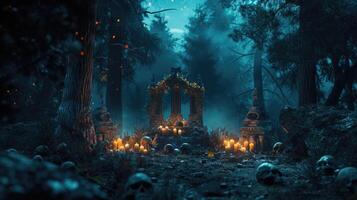 A ritual altar stands at the heart of the forest adorned with skulls and candles as a black metal band unleashes an otherworldly performance their music echoing through th photo