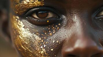 A closeup of a womans face with intricate tribal scarification and shimmering gold spark motifs, reflecting her unique identity and heritage. photo