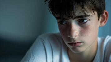 A teenage boy with a furrowed brow and a troubled expression lost in thought as he navigates through the uncertainties of life photo