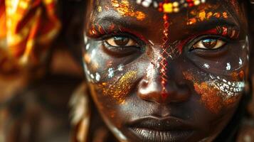 A powerful closeup of a woman with bold tribal face paint and sparkling fireinspired spark motifs, evoking the passion and strength of an African queen. photo