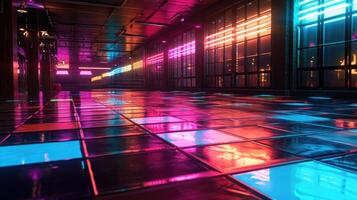 The neon lights reflect off the shiny surface of the dance floor creating a mesmerizing effect that is impossible to resist photo