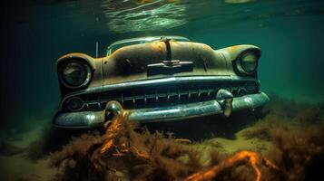 The once gleaming lights of a car now rest beneath the waves, casting an otherworldly glow in this underwater closeup. photo