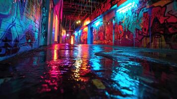Graffiti artists playground with neon paints splashed across dull surfaces adding a pop of color to the urban landscape photo