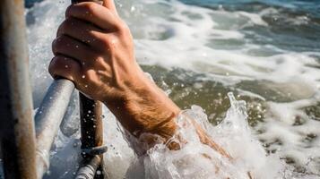 Battling the Waves A closeup of a hand gripping a railing as the person struggles against the strong currents of a wild ocean. photo