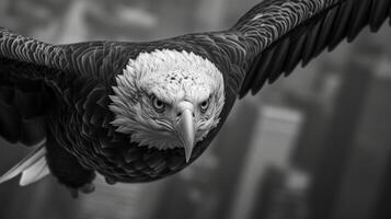 Closeup of a bald eagles intense gaze as it fixates on its destination effortlessly diving and ascending between the towering buildings in the concrete jungle photo