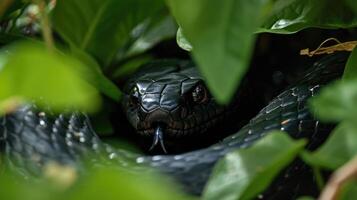 Closeup of a sleek black s its forked tongue flickering as it navigates through a dense m of shrubs on its way to a safe and secure hiding spot photo