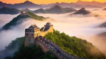 As the morning fog settles over the Great Wall of China, it transforms the iconic landmark into a dreamlike vision. The soft edges of the wall and towers blend into the mist, giving a photo