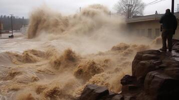 A relentless, closeup look at the power and destruction of rapidly flowing floodwater. photo
