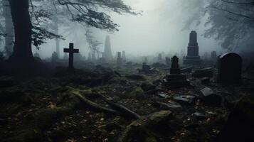 As the fog creeps in, the graves and ruins become hazy and indistinct, magnifying the eerie and unsettling atmosphere. photo