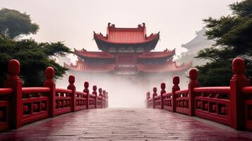 The fog rolls over the iconic red gates of a famous temple, creating a stunning contrast between the deep red and the ethereal white. The fog amplifies the importance and sacredness of photo
