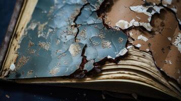 A closeup shot of a book with waterdamaged pages, torn and creased from moisture, portraying the theme of vulnerability and fragility. photo