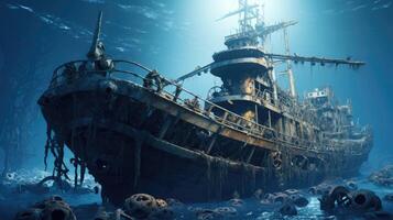 A forgotten ship graveyard unveils itself in the deep ocean, its murky waters hiding a collection of abandoned and rusted vessels. photo