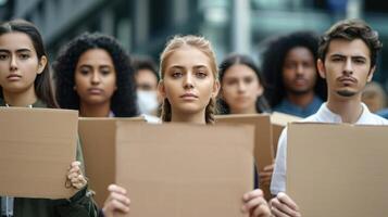 A group of diverse people from different backgrounds holding up signs with messages against cyberbullying and promoting digital empathy photo