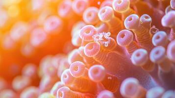 Closeup of a tiny polyp the building block of coral reefs struggling to hold on as the water around it becomes more acidic. Its once vibrant orange and pink color now fade photo