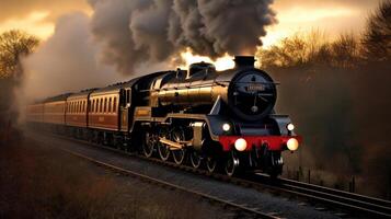 Amidst a rolling blanket of fog, a steam engine emerges, its polished metal gleaming in the soft light as it slowly makes its way along the tracks. photo