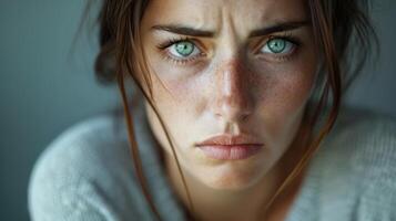 A woman in her twenties with a furrowed brow and a worried look in her eyes photo