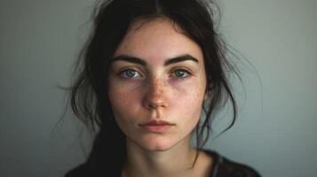 A woman with a flat affect her face lacking emotion and her eyes distant photo