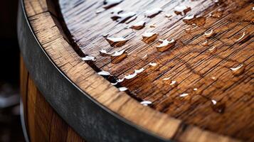 A closeup of an oak barrel used for aging whiskey, revealing the intricate wood grain and signifying the importance of barrel selection in the fermentation process. photo