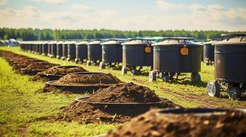 In a vast open field, rows of composting bins filled with animal manure are carefully monitored and maintained to harness the powerful potential of biogas. photo