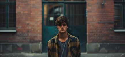 A young man standing in front of an unfamiliar building unsure of where he is and struggling to feel at ease in a new place photo