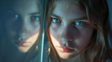 A teenage girl staring at her reflection in the mirror with a look of selfhatred a reflection of the negative selfimage that can result from childhood trauma photo