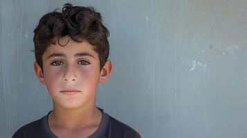 An adolescent boy of Middle Eastern descent lowers his head in shame as he talks about the impact of war and conflict on his family and community photo