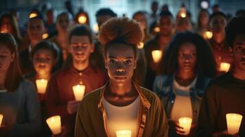 A diverse group of people holding candles and signs coming together to honor the victims of a tragic event and show support for those who are grieving photo