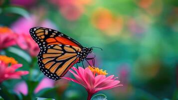 Closeup of a lone monarch erfly perched on a fuchsia flower in an urban garden its intricate black and orange patterns standing out against the backdrop of surrounding greenery photo