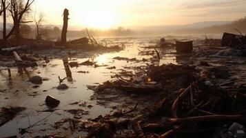 In the midst of a natural disaster, the camera captures a detailed view of debris, tered and drifting in the flooded landscape. photo